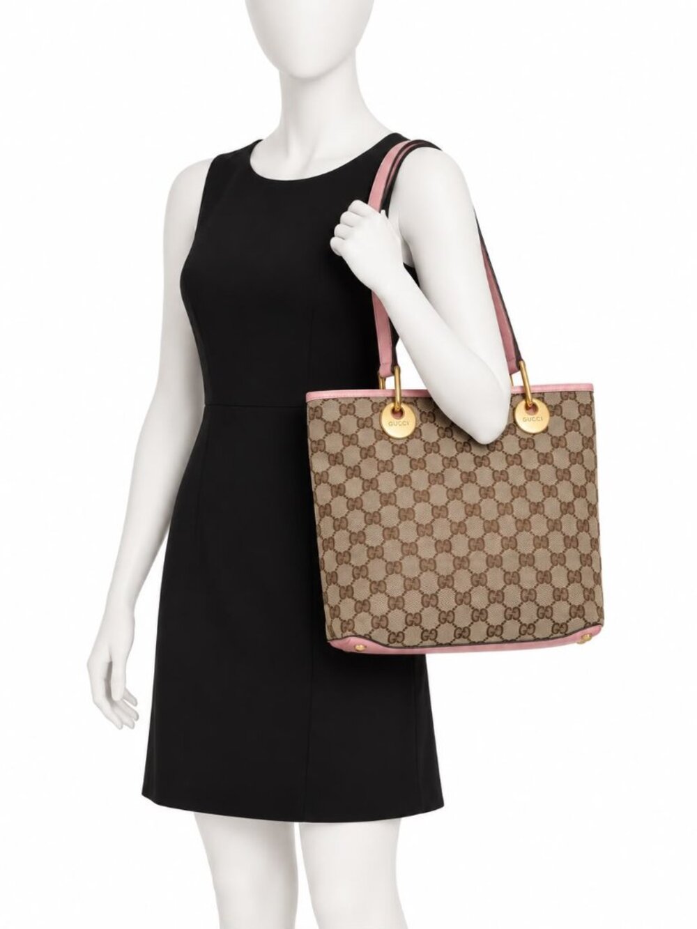 Vintage Gucci Eclipse GG Canvas Tote Bag Beige Pink Leather Shoulder Tote Bag